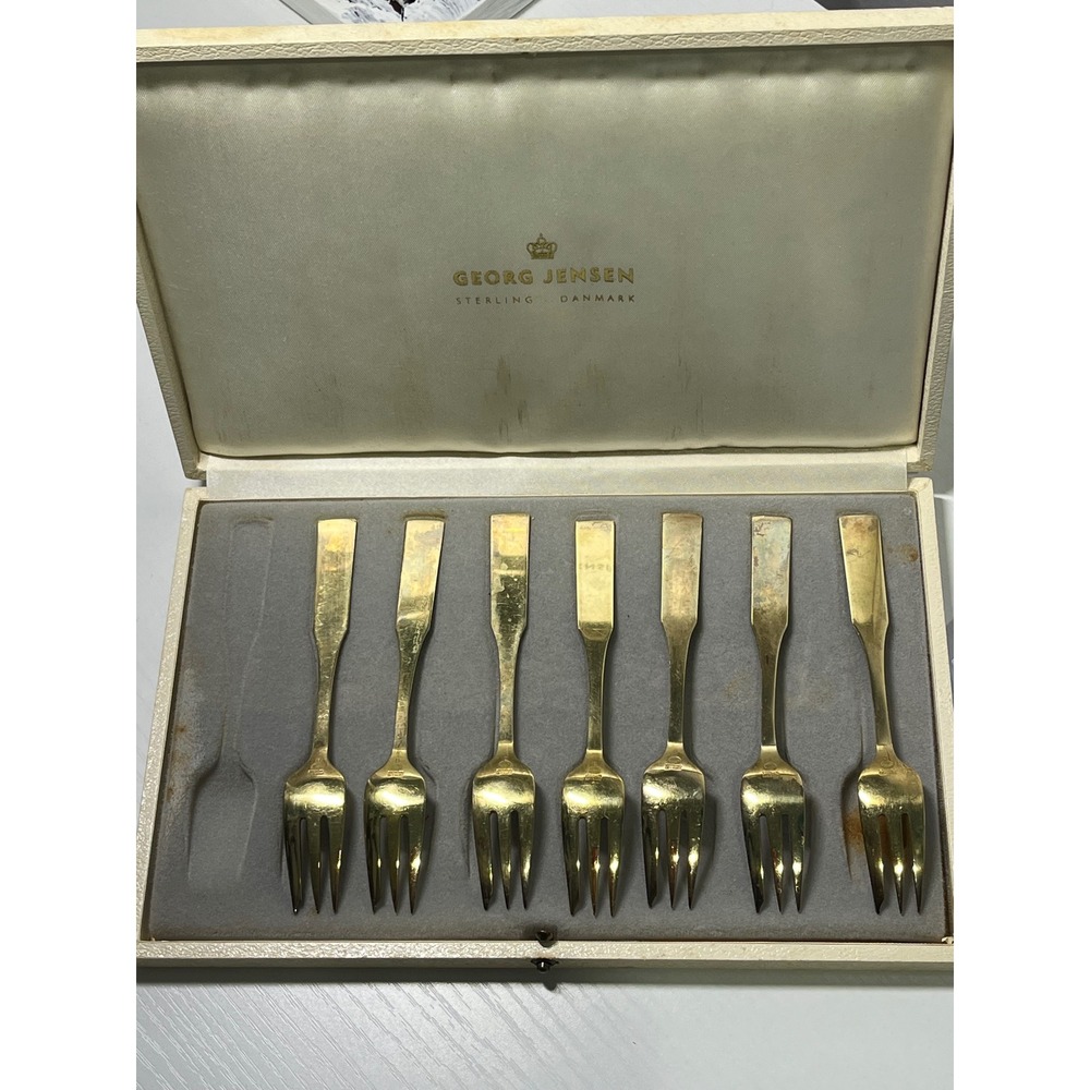 Vintage Georg Jensen Sterling Silver Enamel Harlequin Dessert 7 Forks Denmark - Picture 4 of 12
